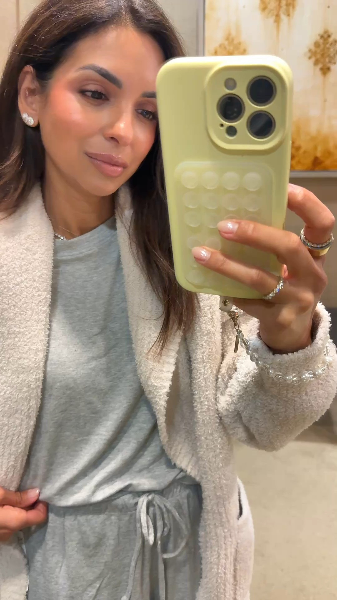 Barefoot Dreams makes the coziest cardigans, this would also make a great gift! I’m wearing an XS in both the cardigan and pj set.
