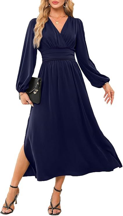 Dokotoo Womens Wrap V-Neck Empire Waist Dress Lantern Sleeve Ruched Side Slit Elegant Maxi Dress | Amazon (US)