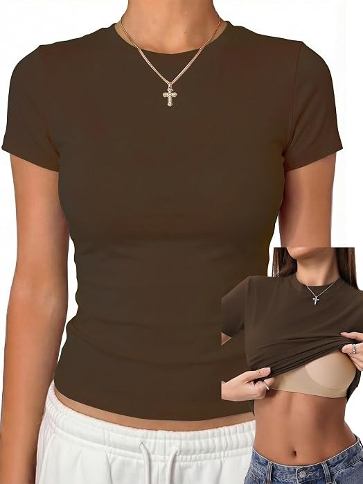 Danysu Womens Tops with Built in Bra Short Sleeve Fitted Crop T Shirt | Amazon (US)