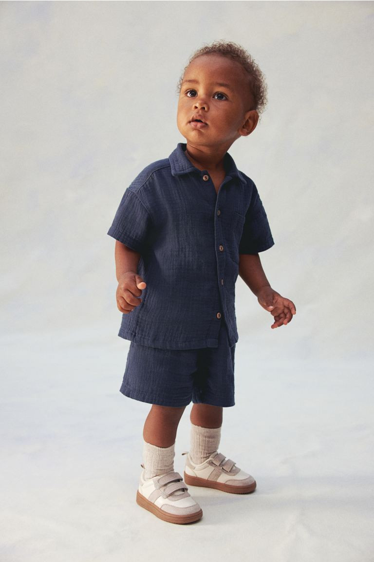 Cotton Muslin Shorts - Regular waist - Knee-length - Navy blue - Kids | H&M US | H&M (US + CA)