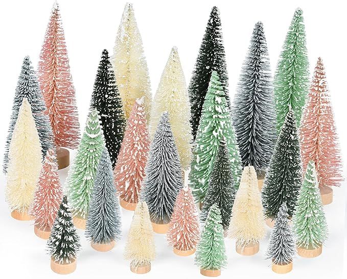 Woofty 25 Pieces Artificial Frosted Sisal Christmas Tree, Bottle Brush Trees with Wood Base DIY C... | Amazon (US)