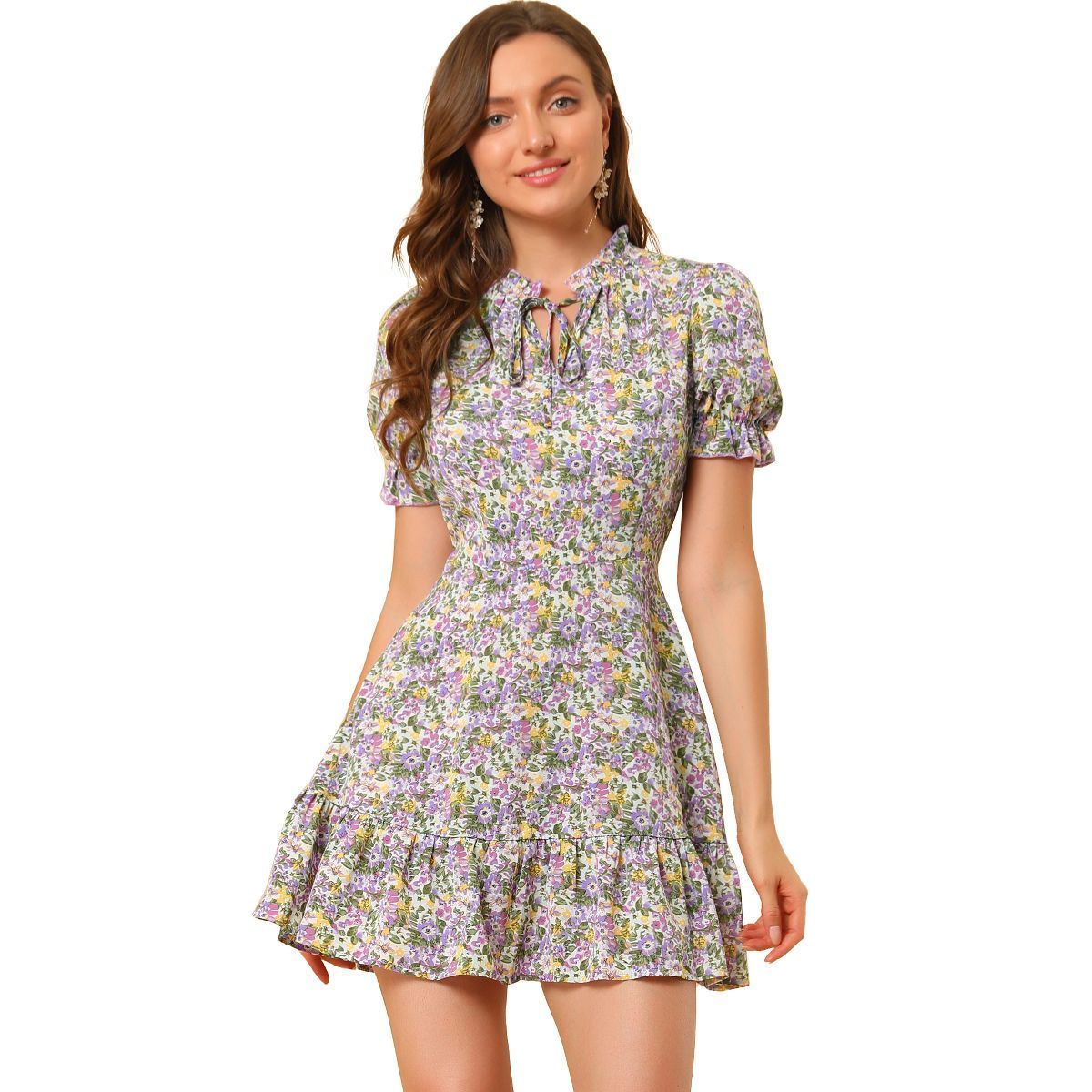Allegra K Women's Summer Chiffon Ruffle Tie Neck Puff Short Sleeve Floral Dress | Target
