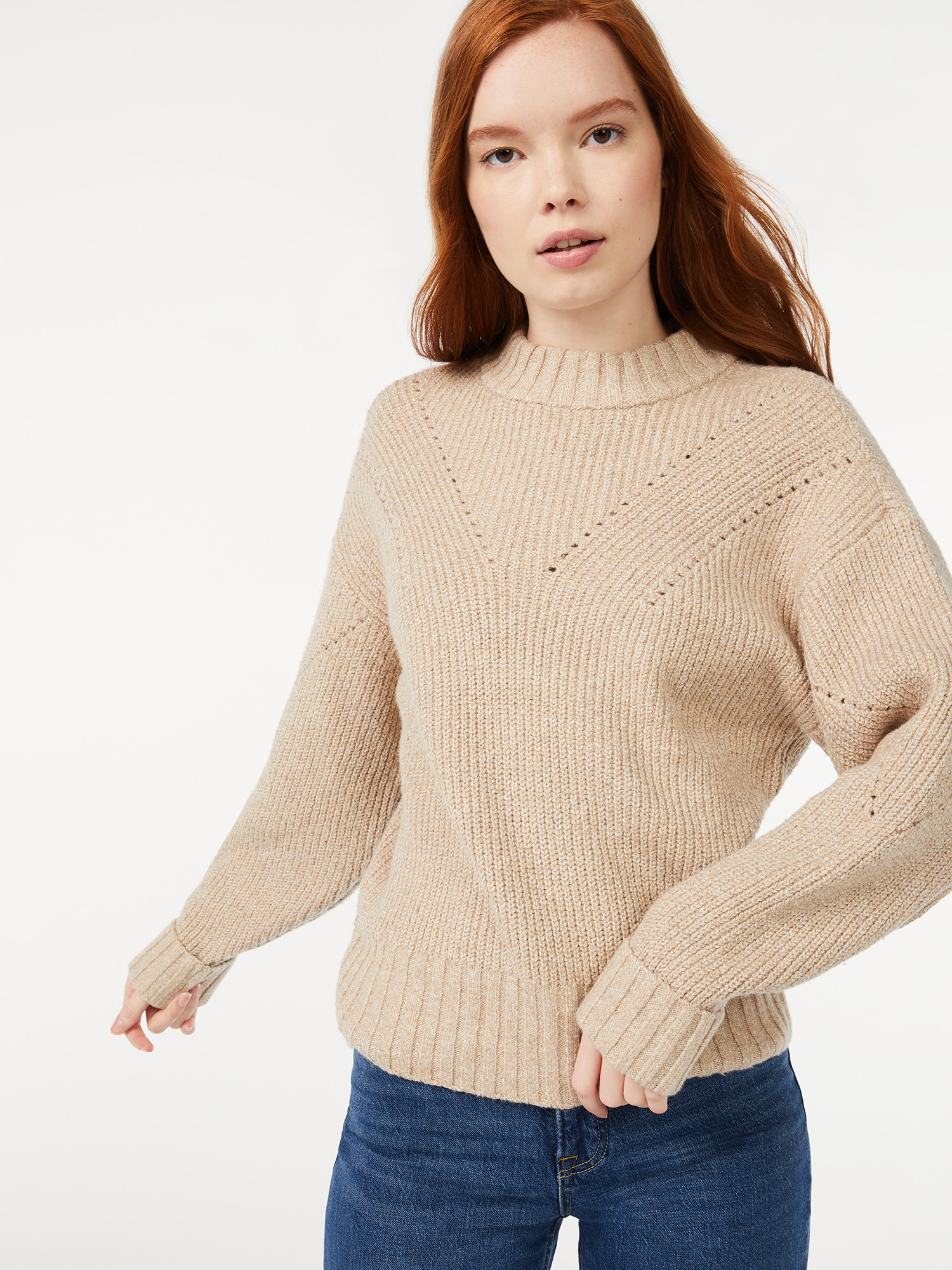 Free Assembly Women's Oversized Mock Neck Pointelle Sweater | Walmart (US)