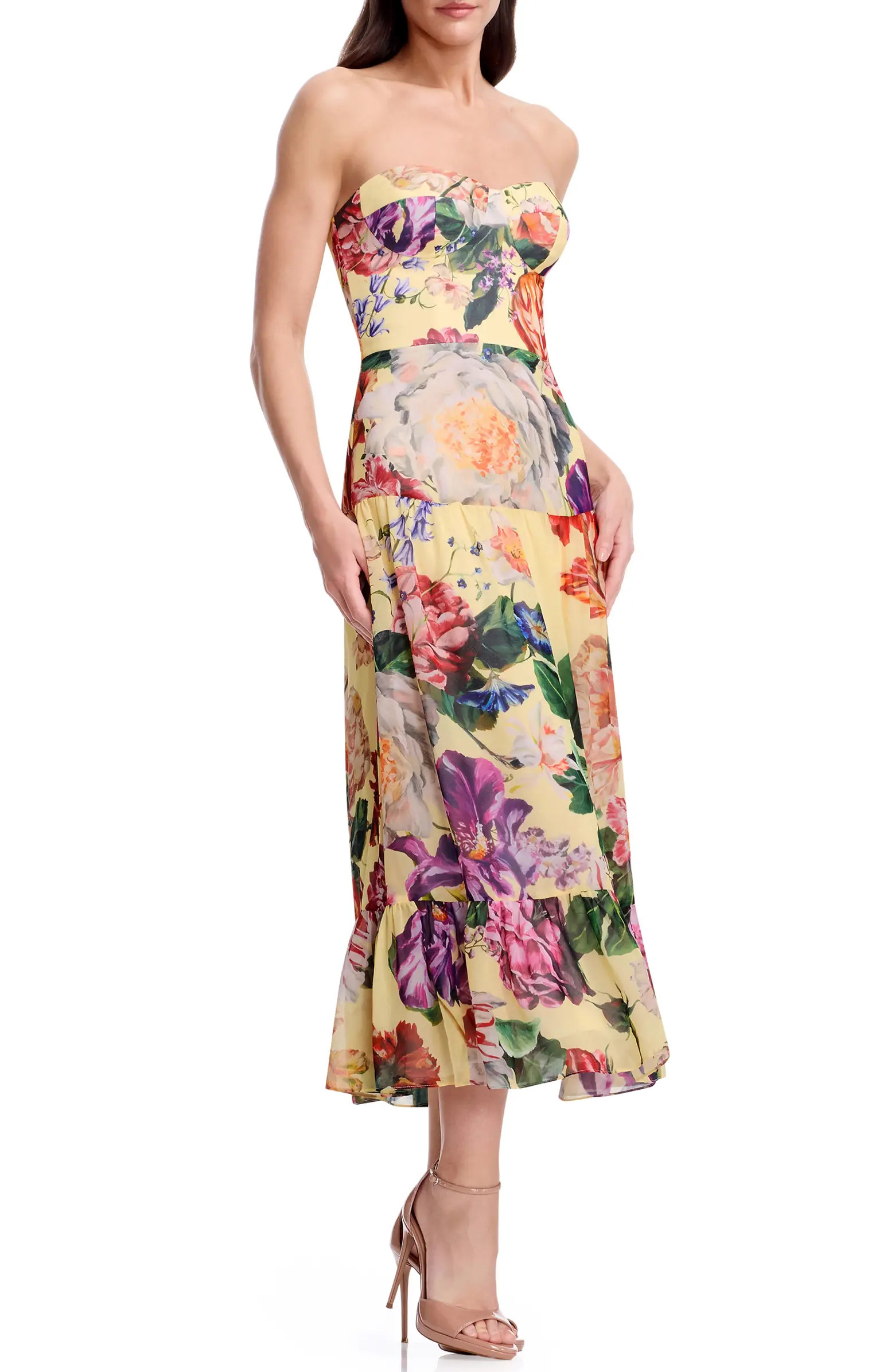 Dress the Population Prescott Floral Strapless Cocktail Midi Dress | Nordstrom | Nordstrom
