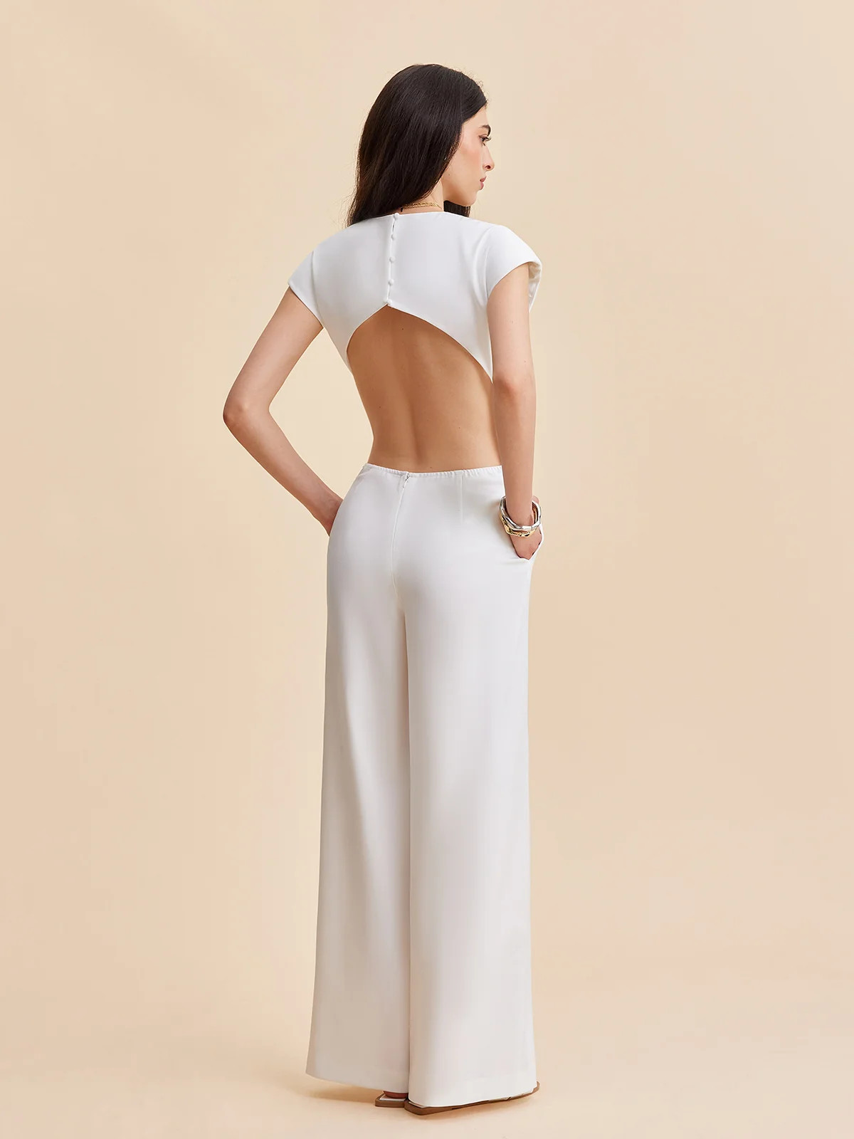 Cap Sleeve Buttoned Backless Jumpsuit | Commense