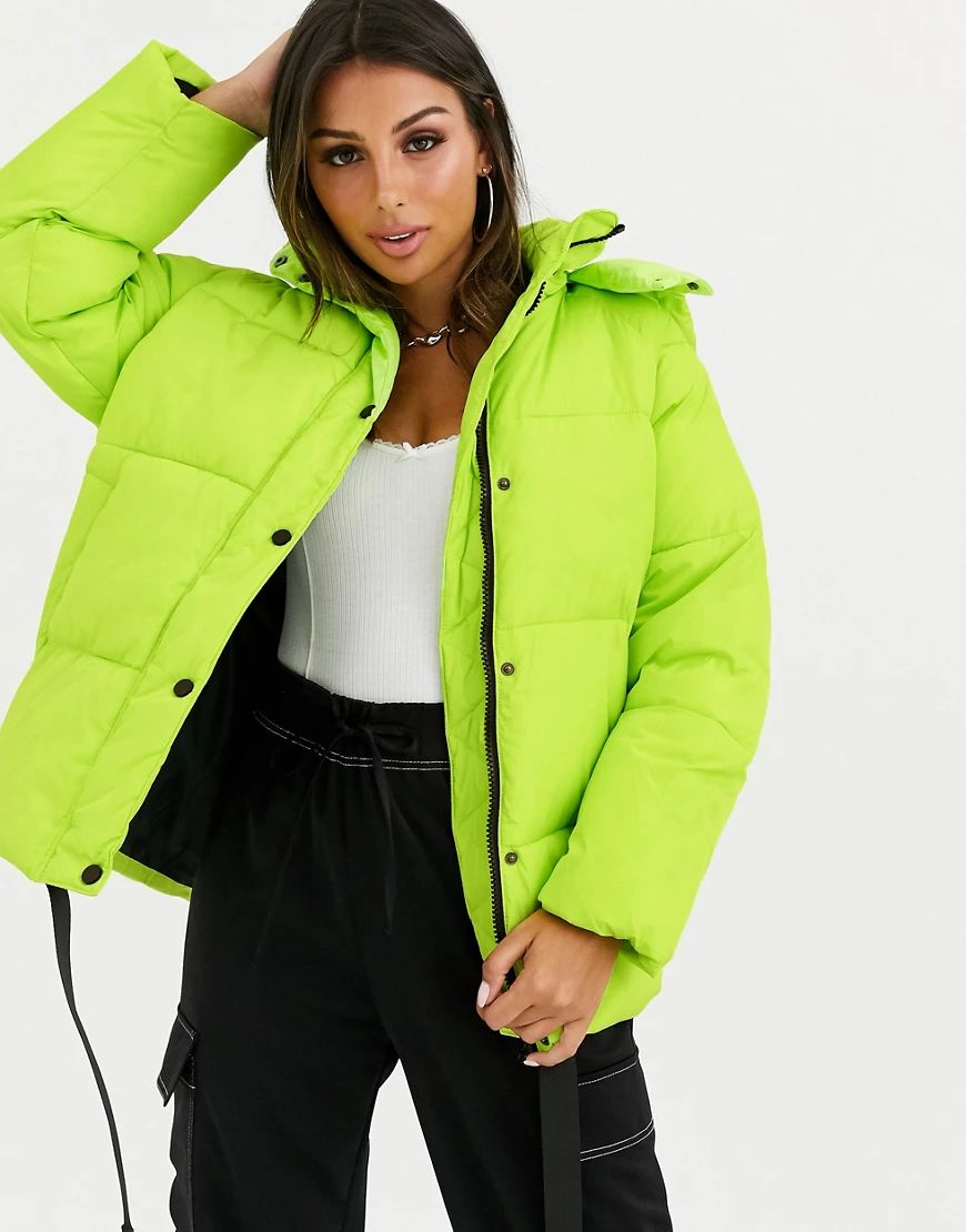 ASOS DESIGN puffer jacket with trim detail in lime-Green | ASOS (Global)