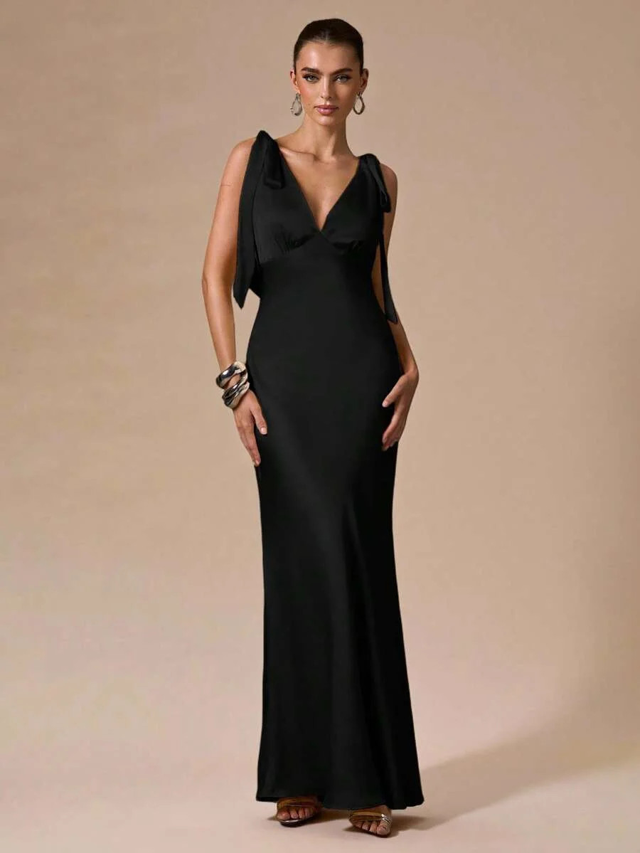 Black Minimalist Solid Color Deep V-Neck Backless Bowknot Tie Maxi Dress For Party Cocktail Formal Occasion | Walmart (US)