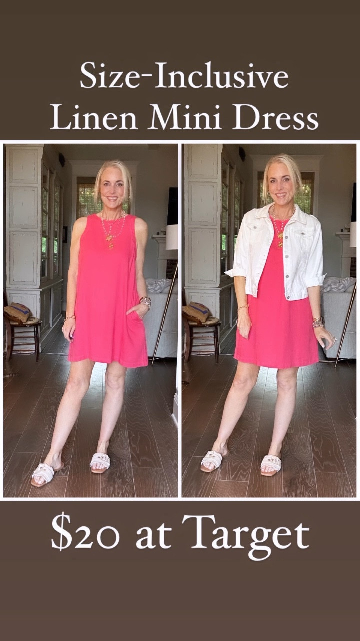Did you know that for $20 at Target, you can get this AWESOME linen mini shift dress?  It’s size-inclusive, has pockets, and is available in XS-4X and 6 colors. I’m in my true size medium in the color pink! I’ve paired it today with my Target slides, denim jacket from Amazon, and beautiful Jennifer Ponson Tango Treasures Collection pieces. You could easily dress this up or down and wear it for months!  As far as I’m concerned it’s a MUST HAVE for the summer for every woman over 50. 

#LTKSeasonal #LTKOver40 #LTKMidsize