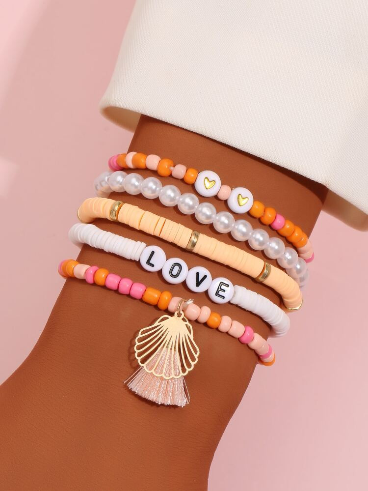 5 stuks Letter & Kwastje Decor Kralen Armband | SHEIN