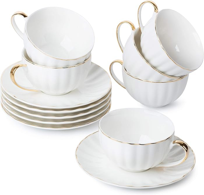 BTaT- White Tea Cups and Saucers Set of 6 (7 oz), Porcelain White Tea Cup Set with Golden Trim De... | Amazon (US)