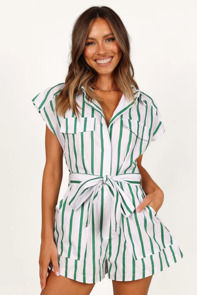 Addie Tie Waist Romper - White/Green | Petal & Pup (US)