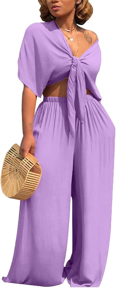 Aro Lora Women's 2 Piece Jumpsuit Ruched Sleeveless Crop Top Ruffle Wide Leg Pant Set Romper Outf... | Amazon (US)