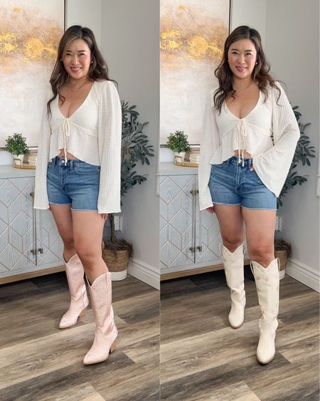 Pink Lily Sale
Top: Small
Shorts: 8
Pink Glitter Cowboy Boots: TTS
Cream Cowboy Boots: Size up half (more narrow in calf)