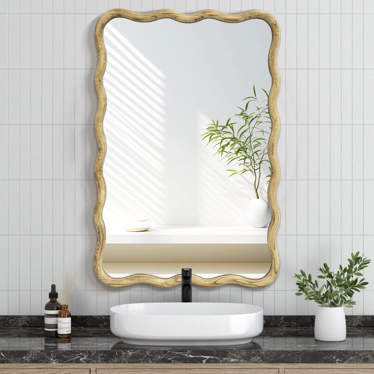 FRMALL Solid Wood Wavy Mirror Wall Mirror for Bathroom, 20"x30", Natural | Walmart (US)