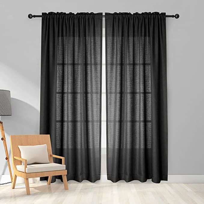 Amazon.com: Melodieux Black Semi Sheer Curtains 84 Inches Long for Living Room, Linen Look Bedroo... | Amazon (US)