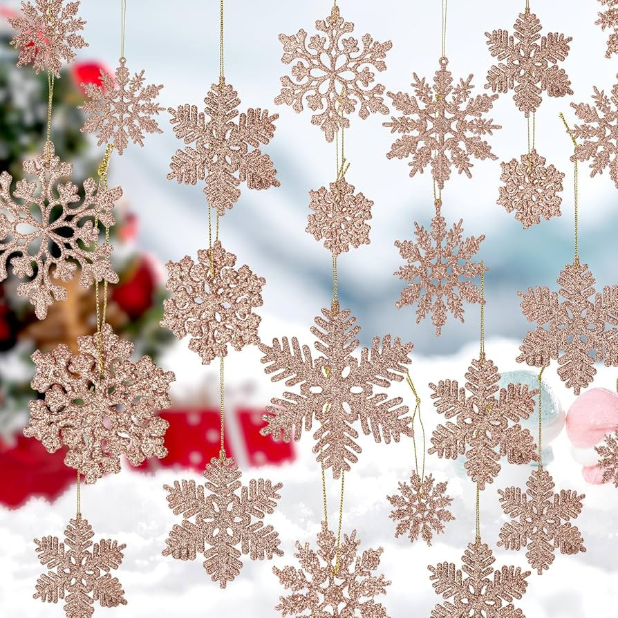 48pcs Rose Gold Plastic Snowflake Decorations Christmas Tree Ornaments Glitter Snow Flakes Orname... | Amazon (US)
