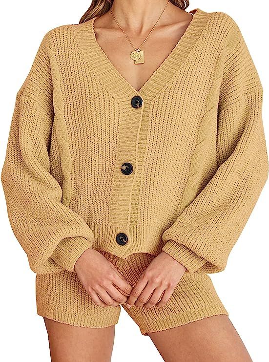 Frolitre Women's 2 Piece Sweater Sets Long Sleeve Cable Knit Crop Top and Drawstring Waist Shorts... | Amazon (US)