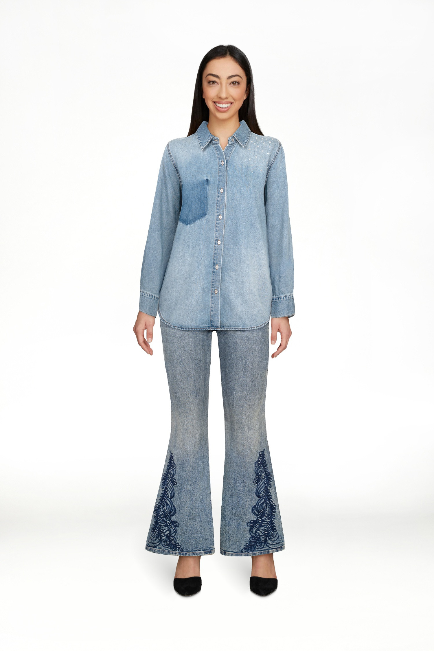 Jessica Simpson Women's Embellished Two Tone Denim Shirt with Long Sleeves, Sizes XS-XL | Walmart (US)