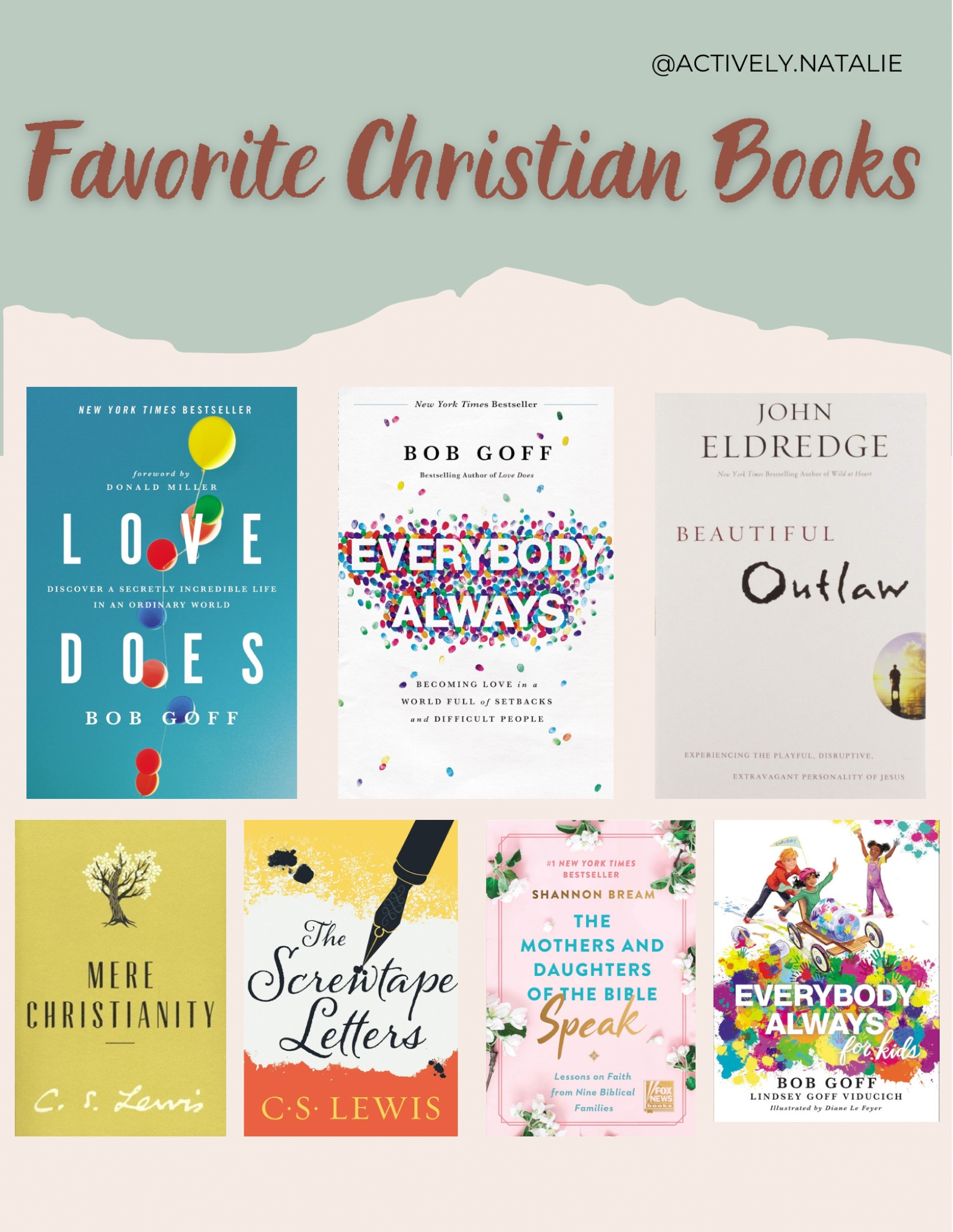 These books are near and dear to my heart through my journey of getting to know Jesus. Love Does by Bob Goff will make you laugh and cry! Everybody Always is the second book and there’s also a kids version we love to read to our kids! Beautiful Outlaw was also a book that changed my perspective about the Jesus I believe in. And C.S Lewis has wonderful books! Screwtape Letters is definitely an interesting read as it’s “letters from the devil” revealing his secrets how he deceives the world. These are all great reads if you’re looking for some great Christian content outside of the Bible. 

#LTKGiftGuide