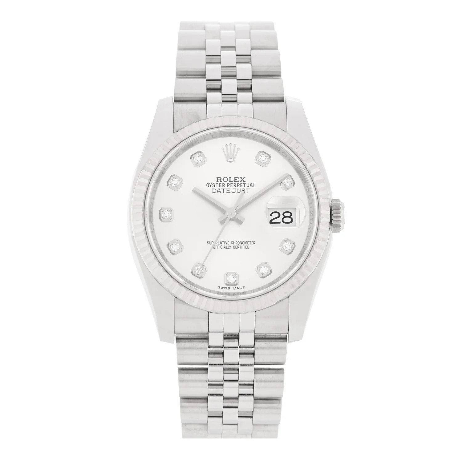 Stainless Steel 18K White Gold Diamond 36mm Oyster Perpetual Datejust Watch Silver 116234 | FASHIONPHILE (US)