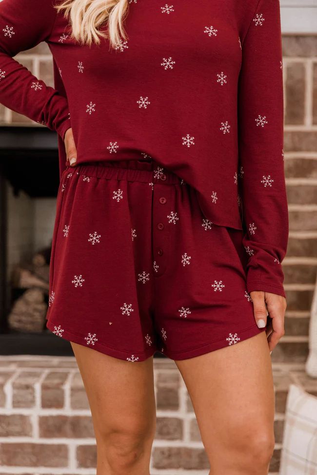 Snow Globe Wish Burgundy Snowflake Lounge Shorts DOORBUSTER | The Pink Lily Boutique