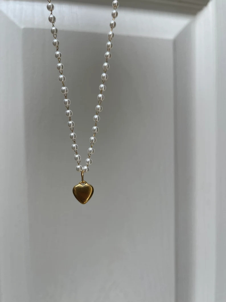 Valentine Dainty Faux Pearl 18k Gold Heart Pendant Necklace Tiny Heart Pearl Chain Customized Gif... | Etsy (US)