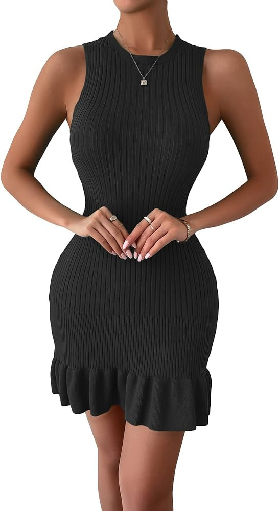 SOLY HUX Women's Sexy Sleeveless Bodycon Dress Ruffle Hem Ribbed Knit Sweater Slim Fit Ruched Str... | Amazon (US)
