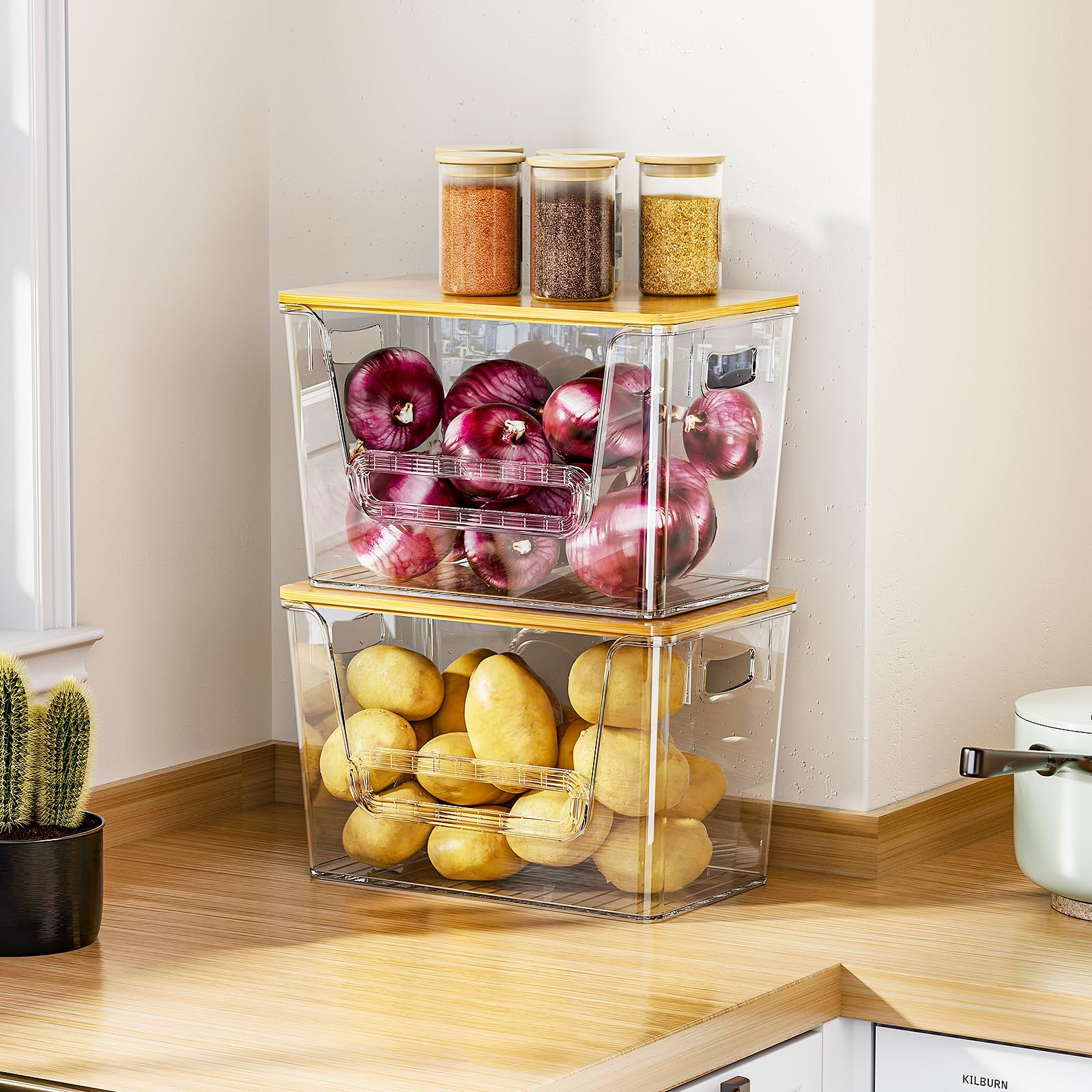 Delamu 2 Set Pantry organizers and Storage, kitchen organizers and storage with Bamboo Top, Stack... | Amazon (US)