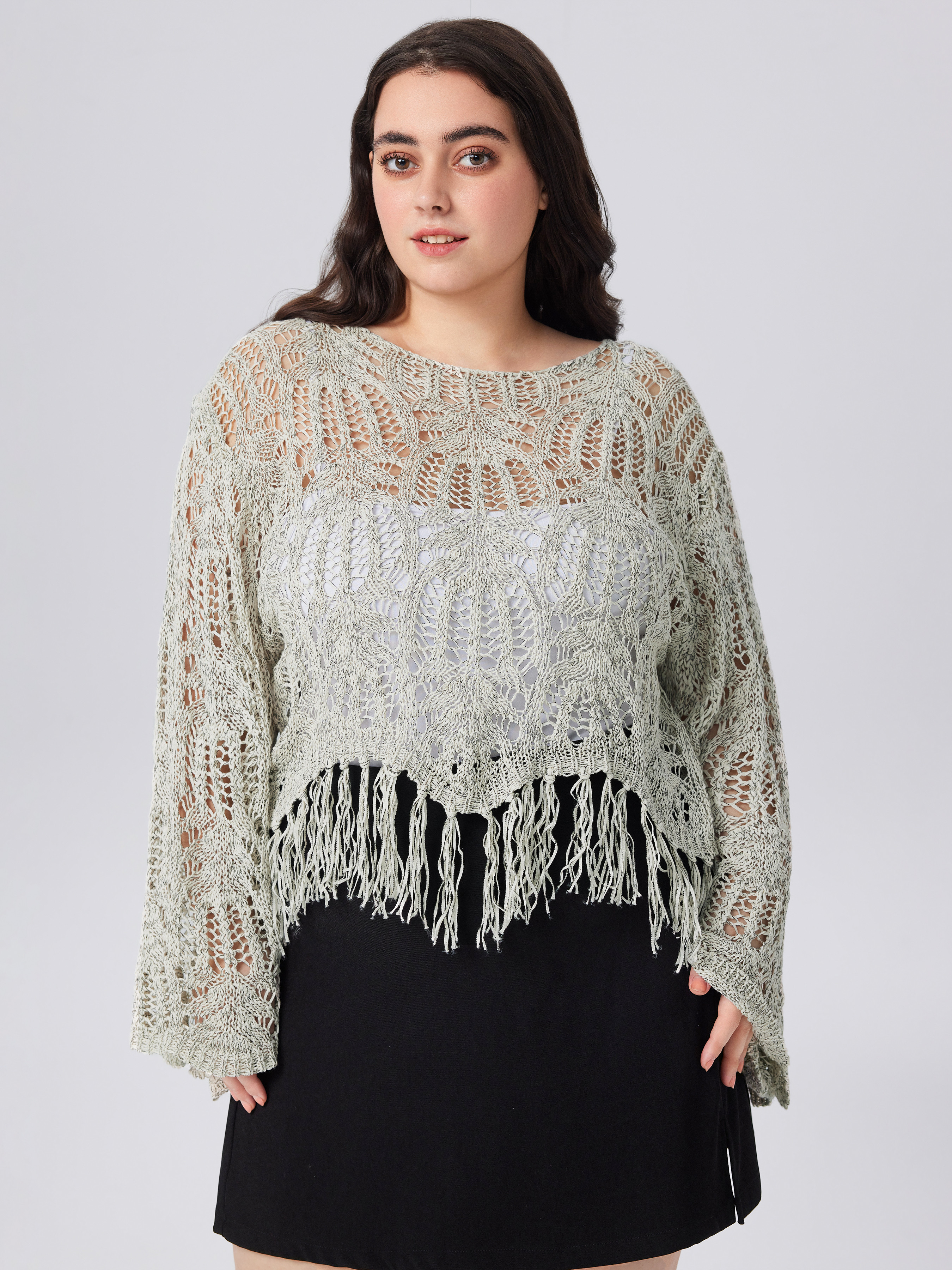 Knit Fabric Round Neckline Solid Hollow Out Tassel Knitted Crop Long Sleeve Top Curve & Plus For ... | Cider