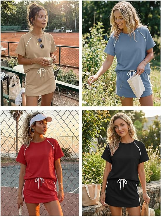 Yousify Womens 2 Piece Skirt Sets Summer Short Sleeve Tops and Tennis Skort Lounge Set Vacation W... | Amazon (US)