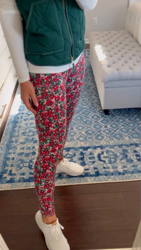 Cute women’s activewear outfits on major sale!! These Jcrew Factory floral leggings are only $14, white New Balance sneakers over 40% off, only $48! Take 20% off the white long sleeve top with code MegMason20. 

Women’s casual outfit with leggings and vest, pink fleece pullover turtleneck, green leggings, mom style, mom outfit, school pickup, casual style, preppy style, classic fashion, winter outfits #momstyle #activewear #casualstyle 

#LTKshoecrush #LTKsalealert #LTKunder100
