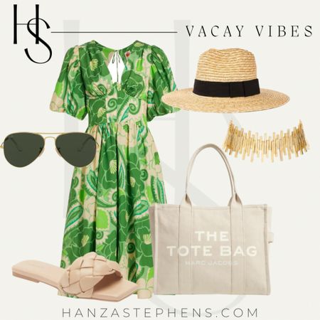Vacay vibes: vibrant green dress with neutral accessories 