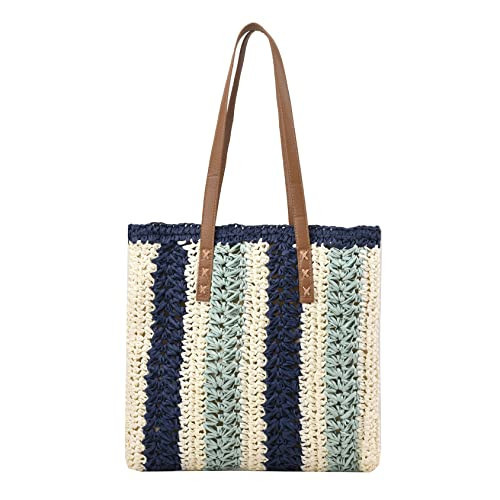 Striped Straw Tote Bags For Women, Summer Straw Purse Beach Woven Purses Vacation Large Summer Handbags Shoulder Bag (blue stripes) | Amazon (US)