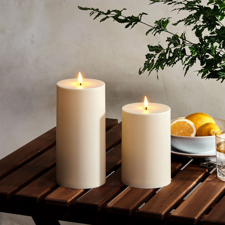 Infinity Wick Outdoor Ivory Pillar Candles, 4" Multipack, Set of 2 | Lights.com