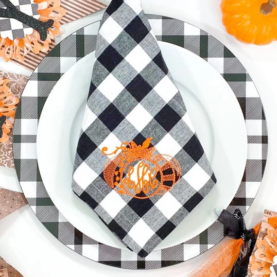 Monogrammed Black Buffalo Plaid / Gingham Dinner Napkins - orange - pumpkin - Thanksgiving - Fall... | Etsy (US)