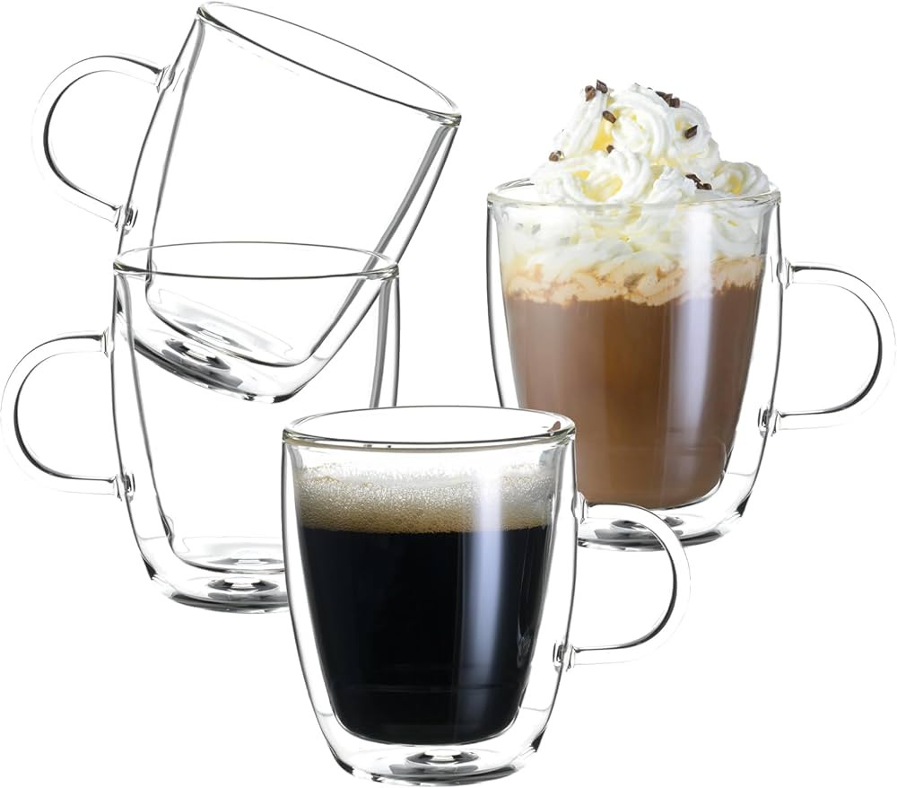 Double Wall Insulated Glass Coffee Mugs set of 4-13.5 oz Clear Hand Blown Glass Coffee Cups with ... | Amazon (US)