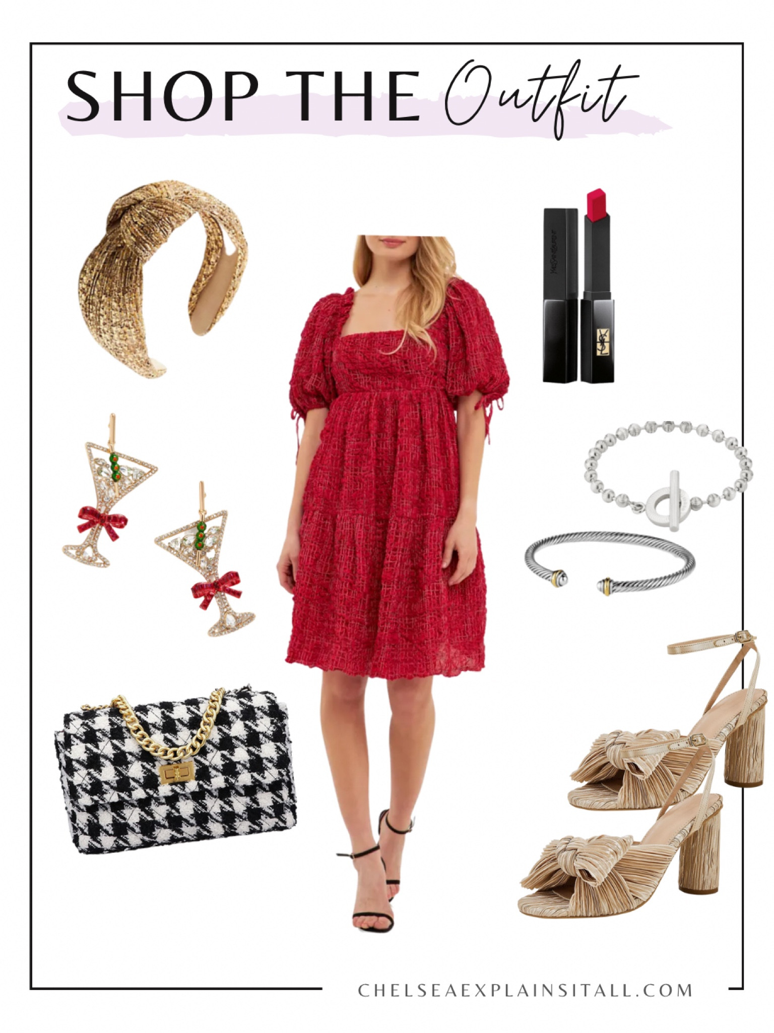 Holiday dress and holiday outfit inspo! Stores are already starting the Black Friday deals so snag a sale while you can! Love this baby doll knee length red dress paired with gold bow heels, houndstooth bag and a gorgeous gold headband. How cute are these earrings too?! #holidayoutfit #holidaydress 

#LTKHoliday #LTKsalealert #LTKunder100