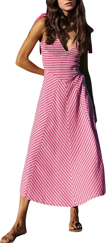 MISSACTIVER Cecelia Midi Dress for Women Summer Smocked V Neck Beach Dress Sleeveless Striped Flo... | Amazon (US)