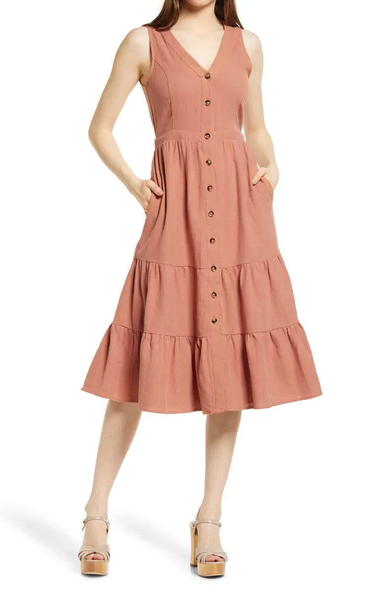 Tiered Sleeveless Linen & Cotton Midi Dress | Nordstrom