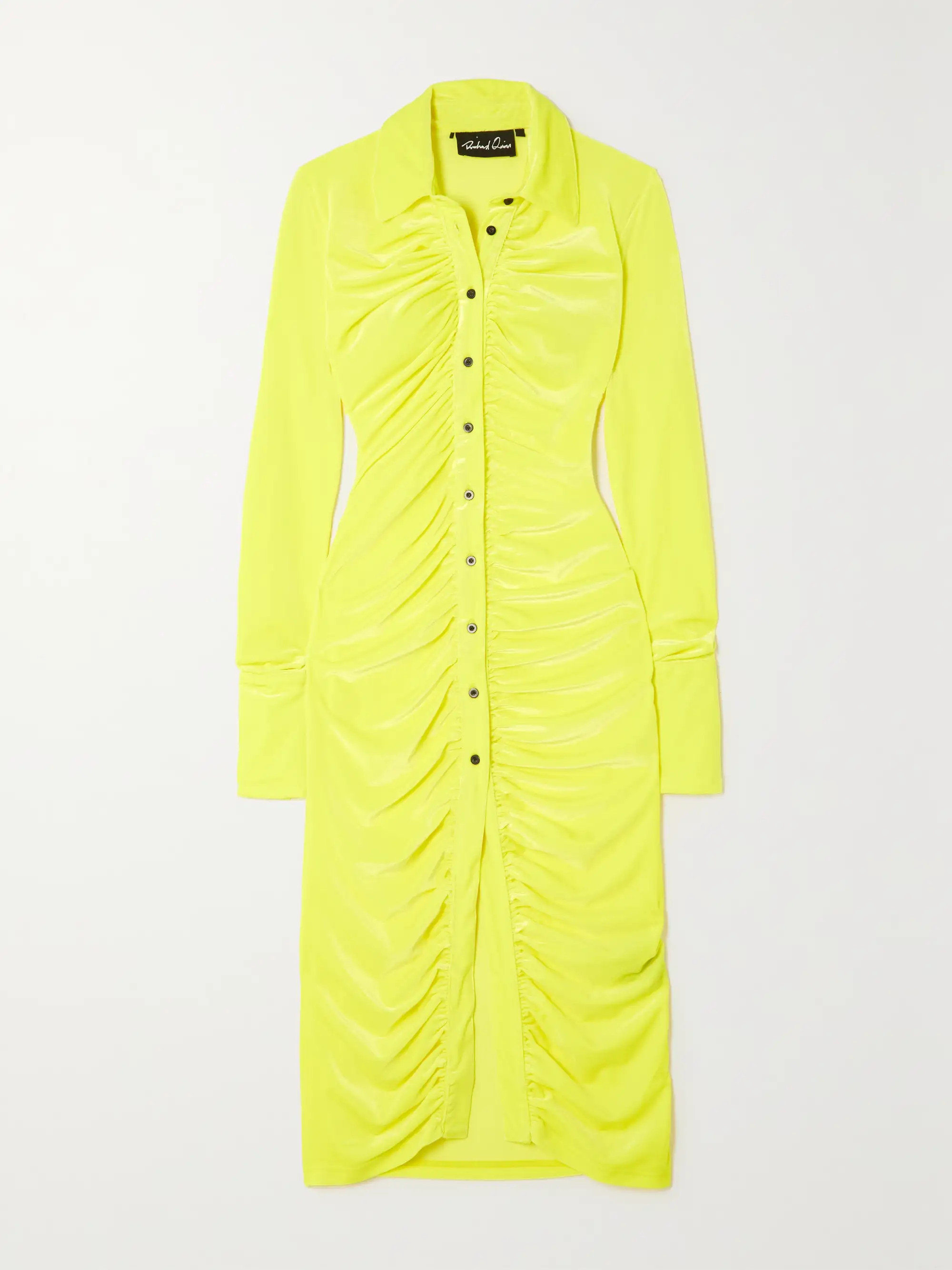 Yellow Ruched neon stretch-velvet midi shirt dress | RICHARD QUINN | NET-A-PORTER | NET-A-PORTER (US)