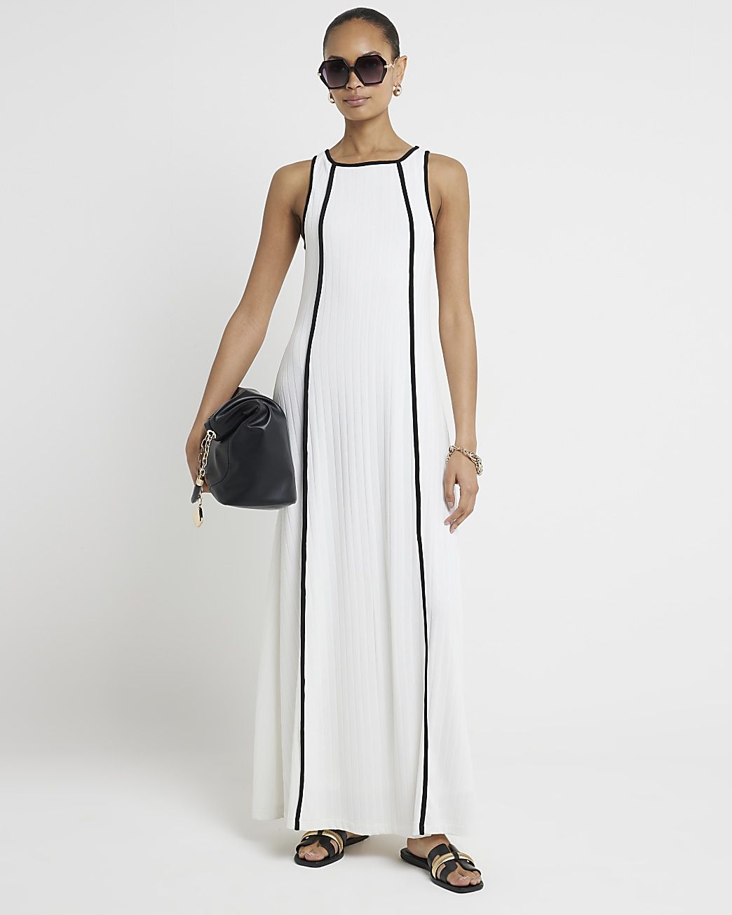 White Tipped Ribbed Maxi Swing Dress | River Island (UK & IE)