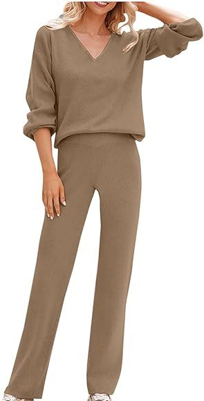 Yihaojia Women's 2 Piece Outfits Casual V Neck Knit Wide Leg Sweater Lounge Set Sweatsuit | Amazon (CA)