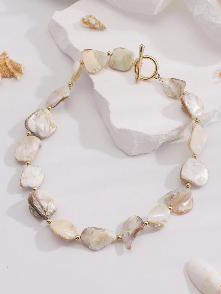 BOCAR 1pc Natural Asymmetrical Seashell Beaded Necklace, Perfect For Summer Beach Vacation | SHEIN