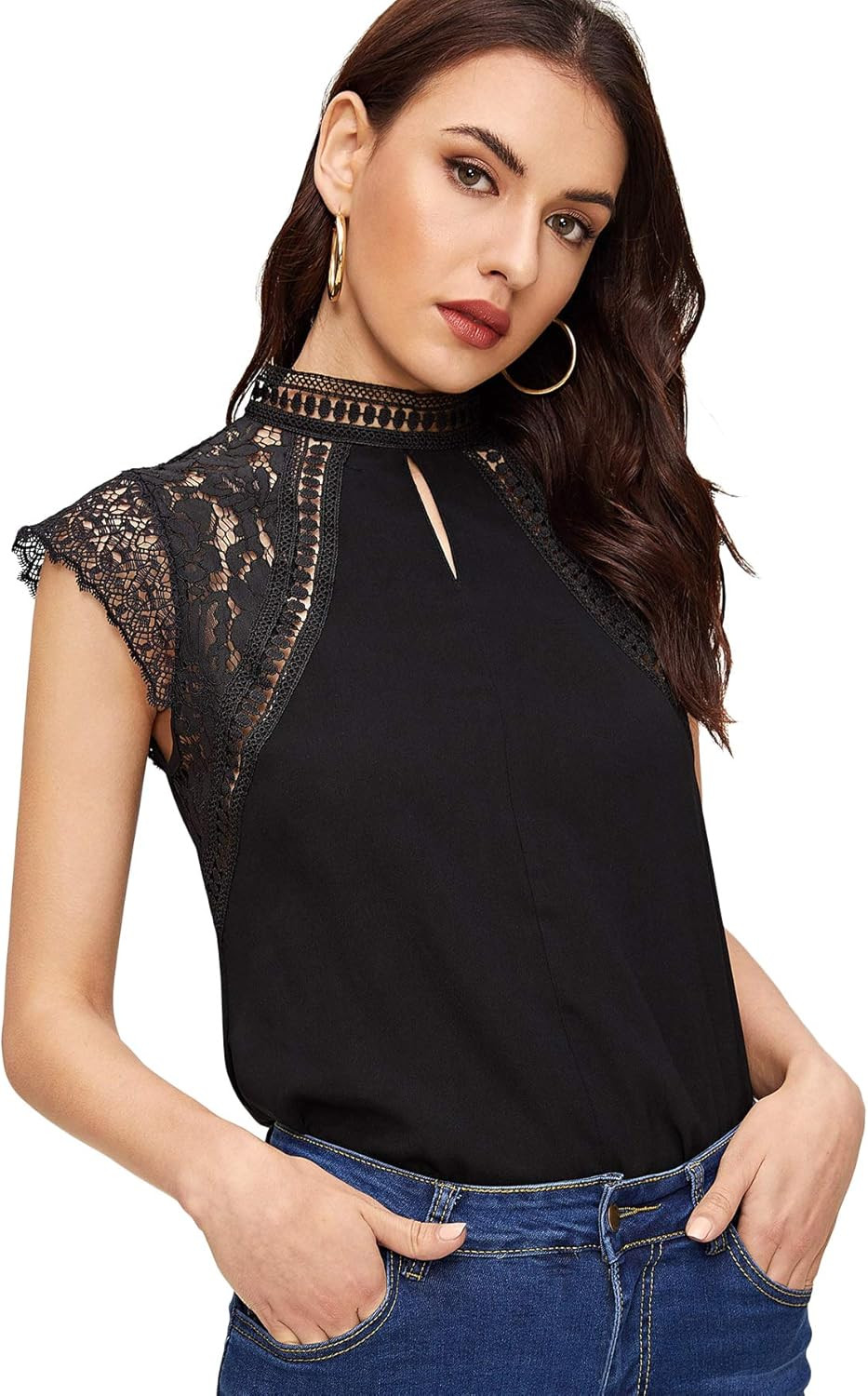 SheIn Women's Elegant Cap Sleeve Keyhole Contrast Lace Blouses Tops | Amazon (US)