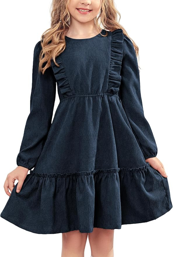 Arshiner Girls Dresses Casual A-line Ruffled Button Long Sleeve Corduroy Swing Dress | Amazon (US)