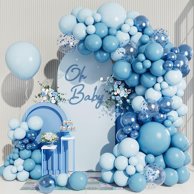 138pcs Blue Balloon Arch Garland Kit with Different Size Metallic Macaron Pastel Blue Confetti Ba... | Amazon (US)