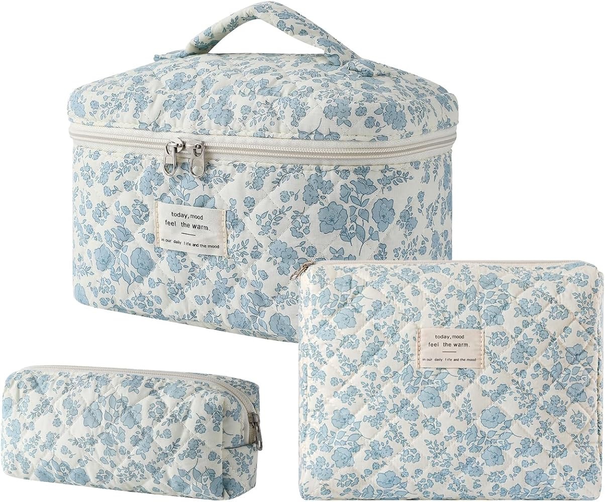 uekeboag Large Travel Quilted Makeup Bag for Women, Floral Cotton Cosmetic Bag, Coquette Aestheti... | Amazon (US)