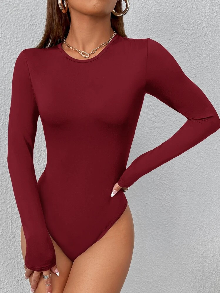 SHEIN PETITE Solid Round Neck Slim Fit Tee Spring Women Bodysuit ,Petite Women | SHEIN