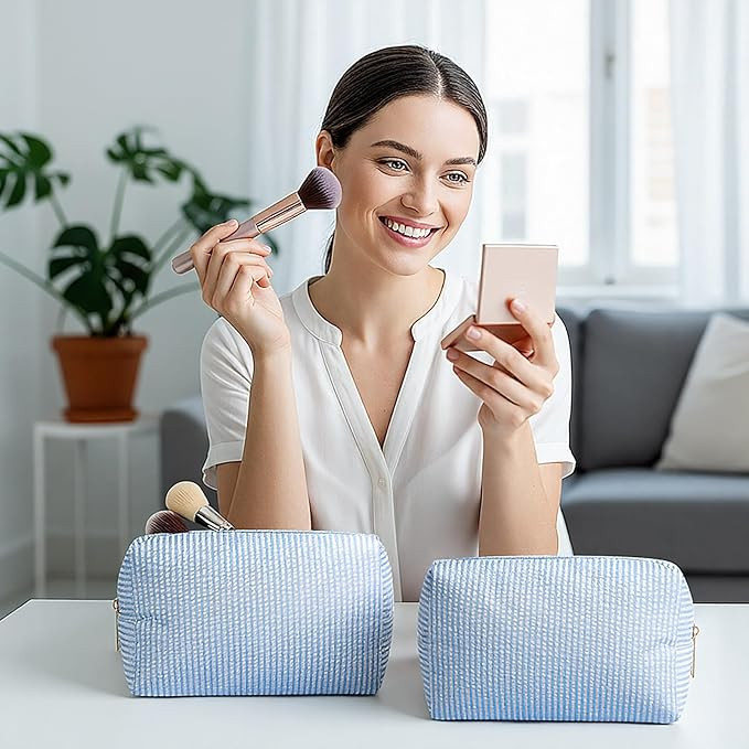Sanwuta 6 Pcs Seersucker Cosmetic Bags Bulk Seersucker Makeup Bags Stripe Women Pouch Large Prepp... | Amazon (US)