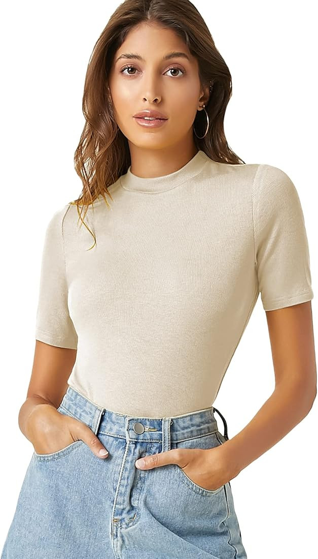 Verdusa Women's Casual Basic Mock Neck Short Sleeve Rib Knit Tee Top | Amazon (US)